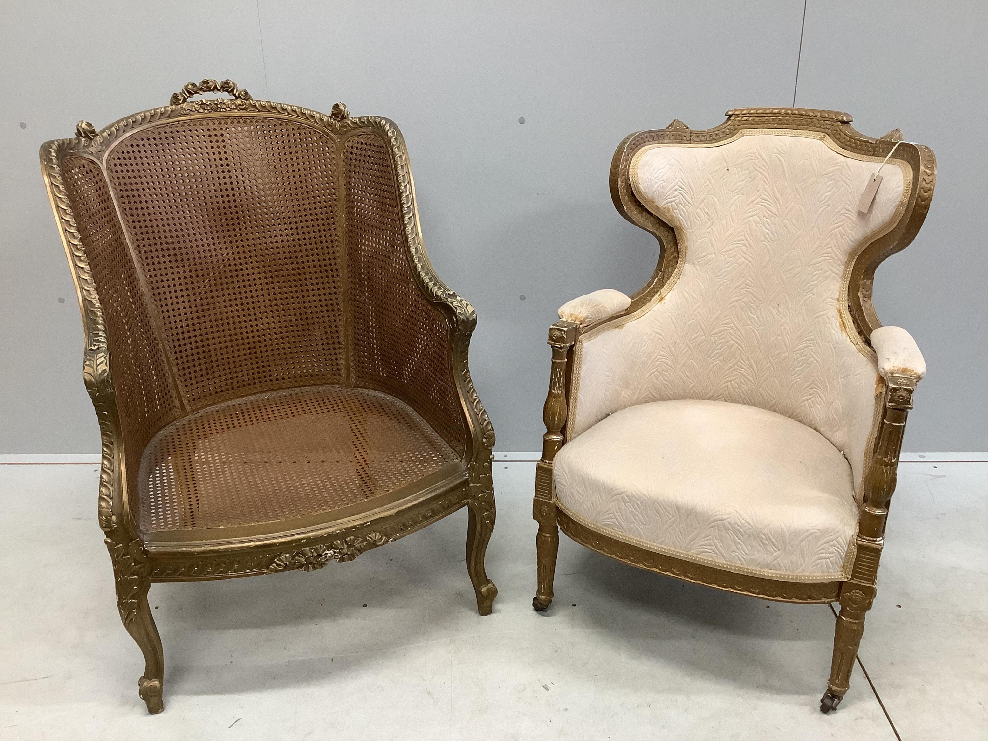 Two Louis XVI style giltwood armchairs, larger width 68cm, depth 72cm, height 100cm. Condition - fair